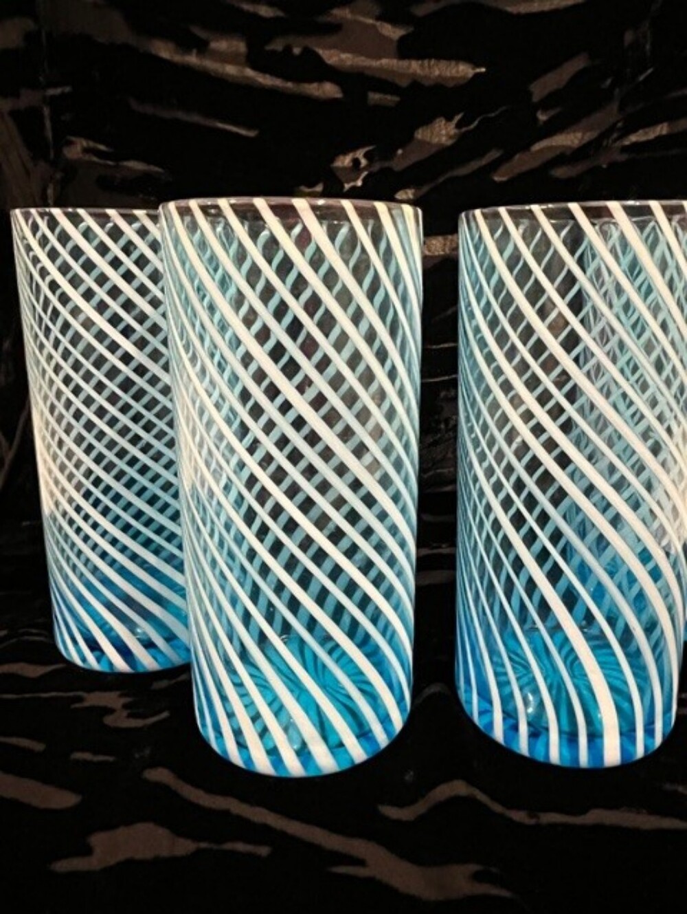 Zodax Marina Blue White Stripe Highball Tumbler Glasses Handblown Art Glass Set